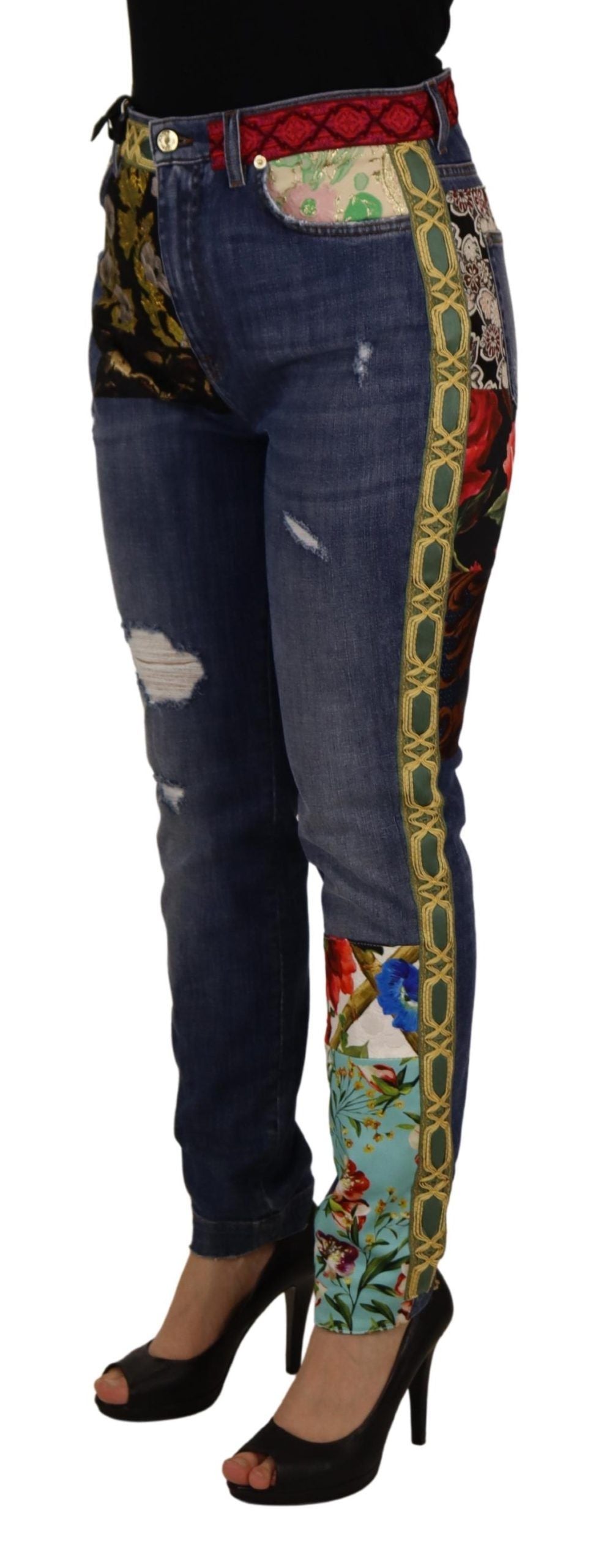 Blue Patchwork High Waist Denim Jeans