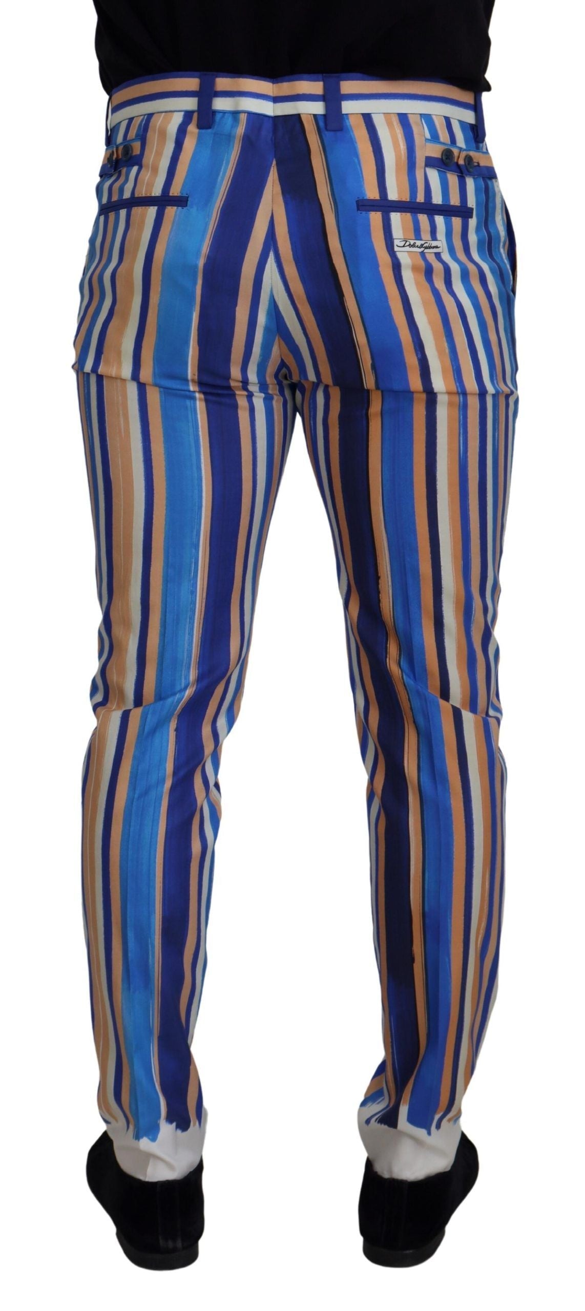 Blue Striped Silk Cotton Slim Trousers Pants