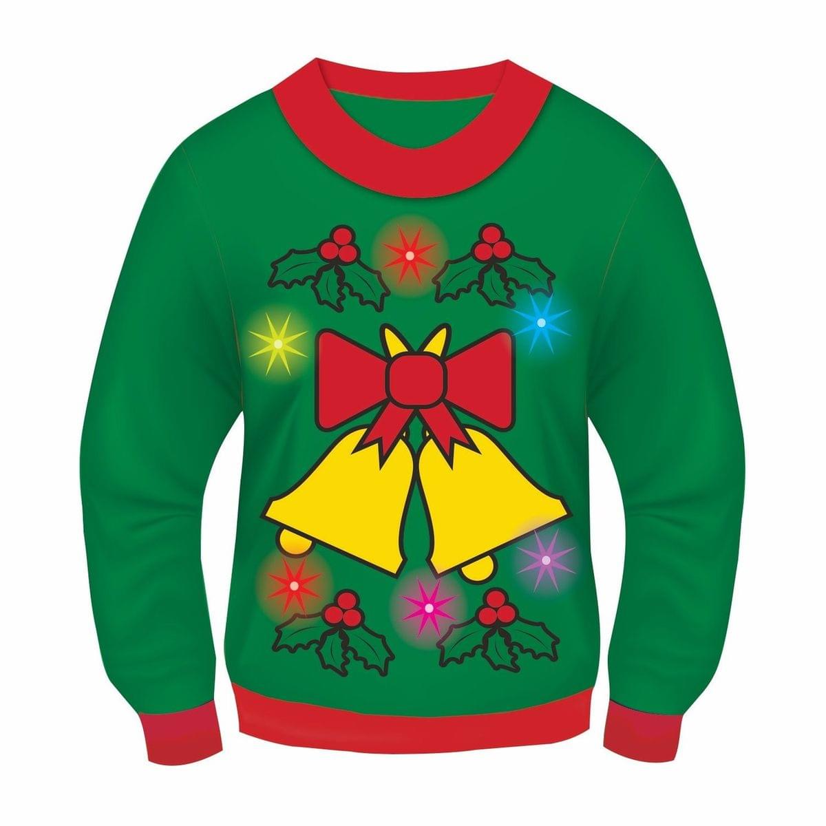 Green Musical Light-Up Jingle Bells Adult Ugly Christmas Sweater Medium
