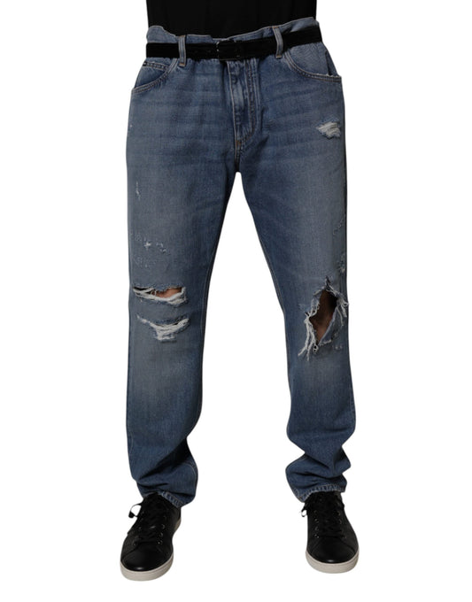 Blue Tattered Cotton Straight Denim Jeans