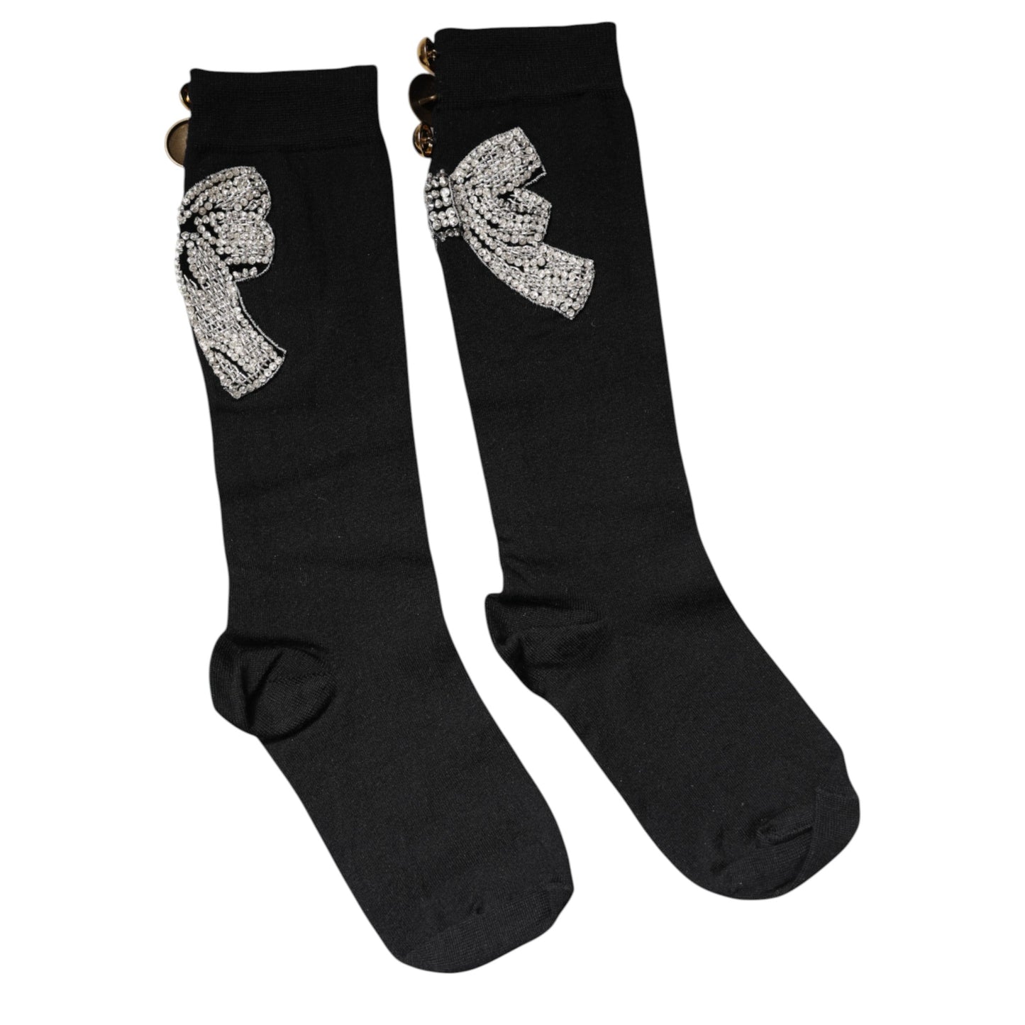 Black Knit Floral Crystal Embellishment Socks