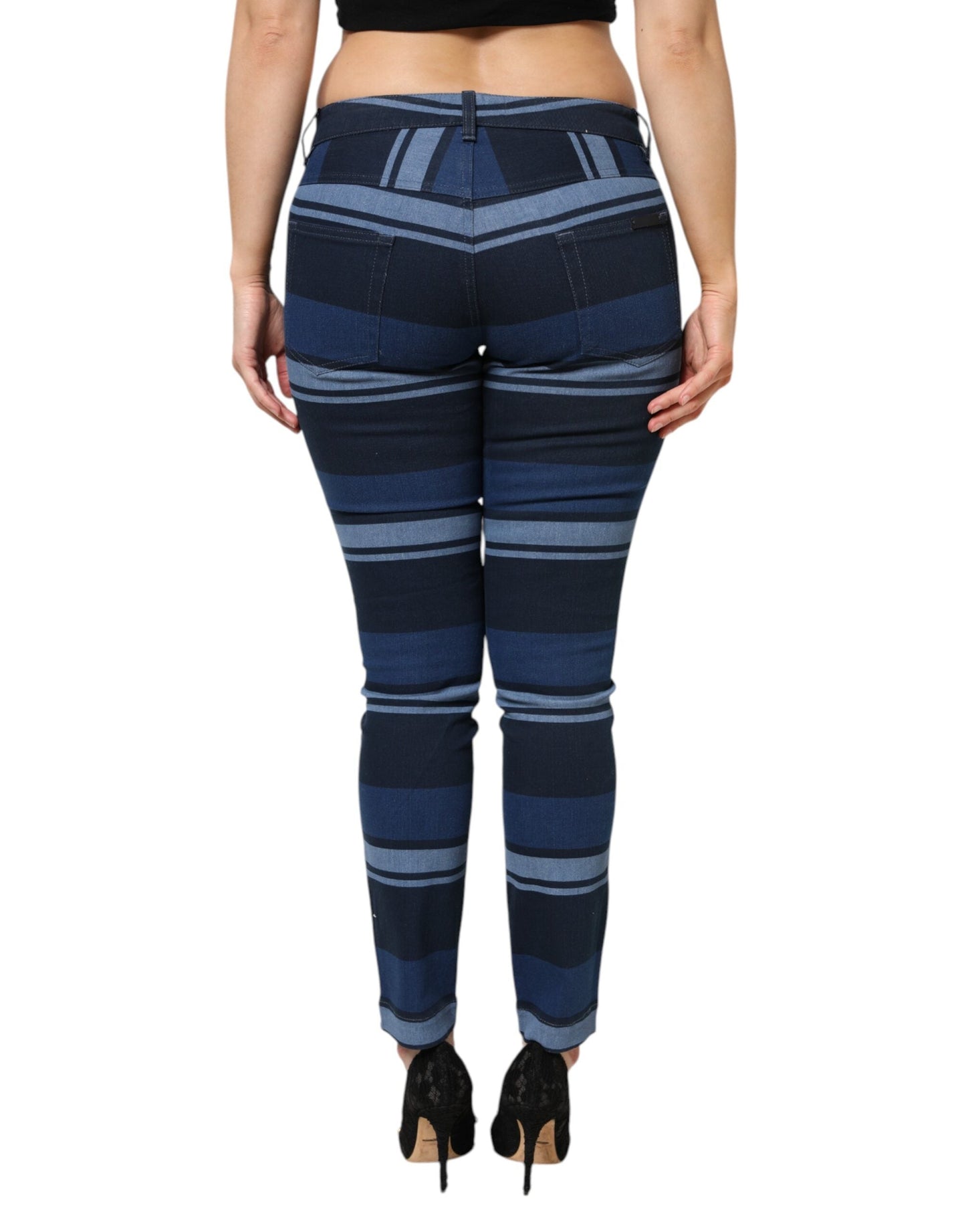 Blue Striped Cotton Stretch Denim Jeans