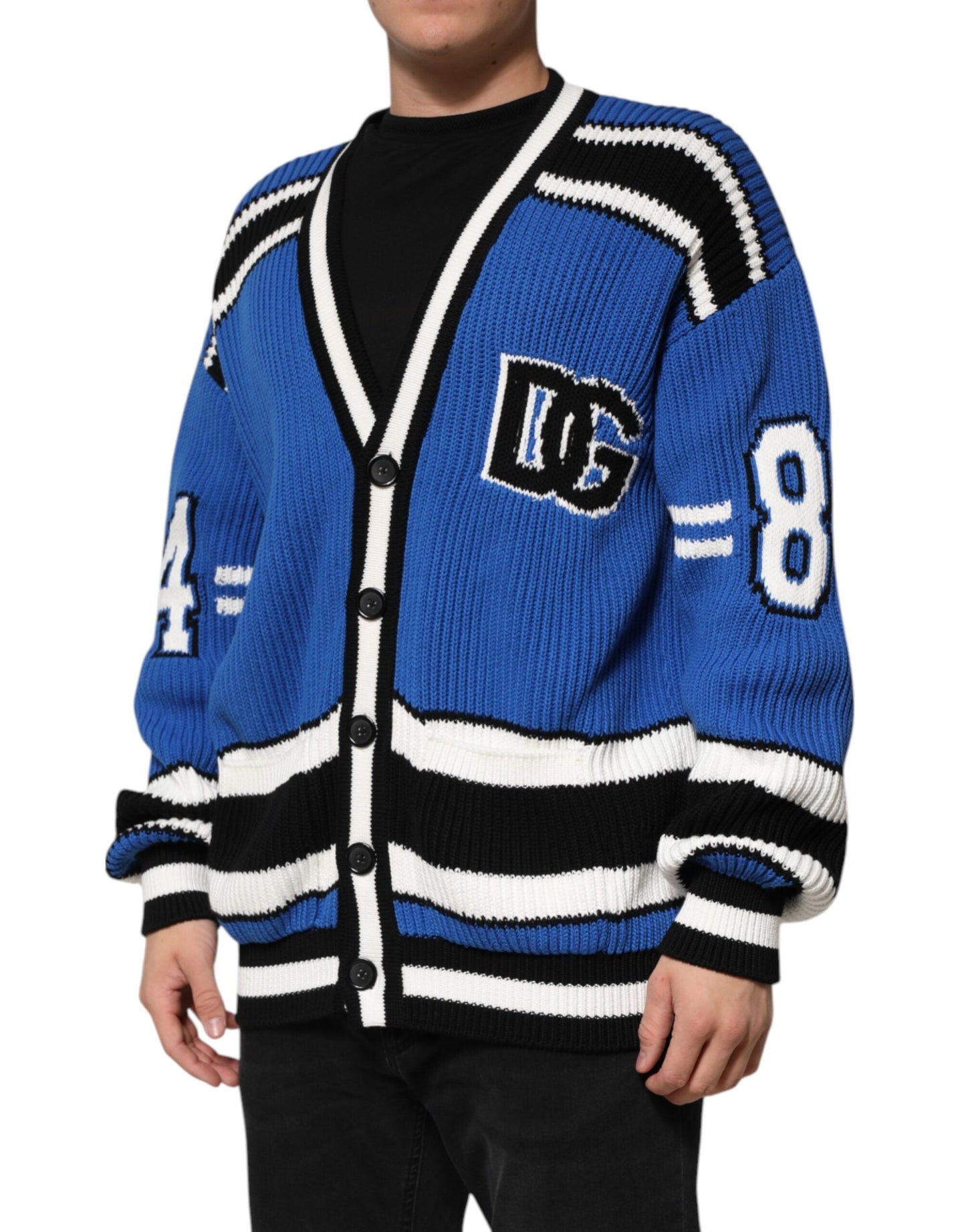 Blue Cotton Logo Patch Ribbed Knit Cardigan Sweater