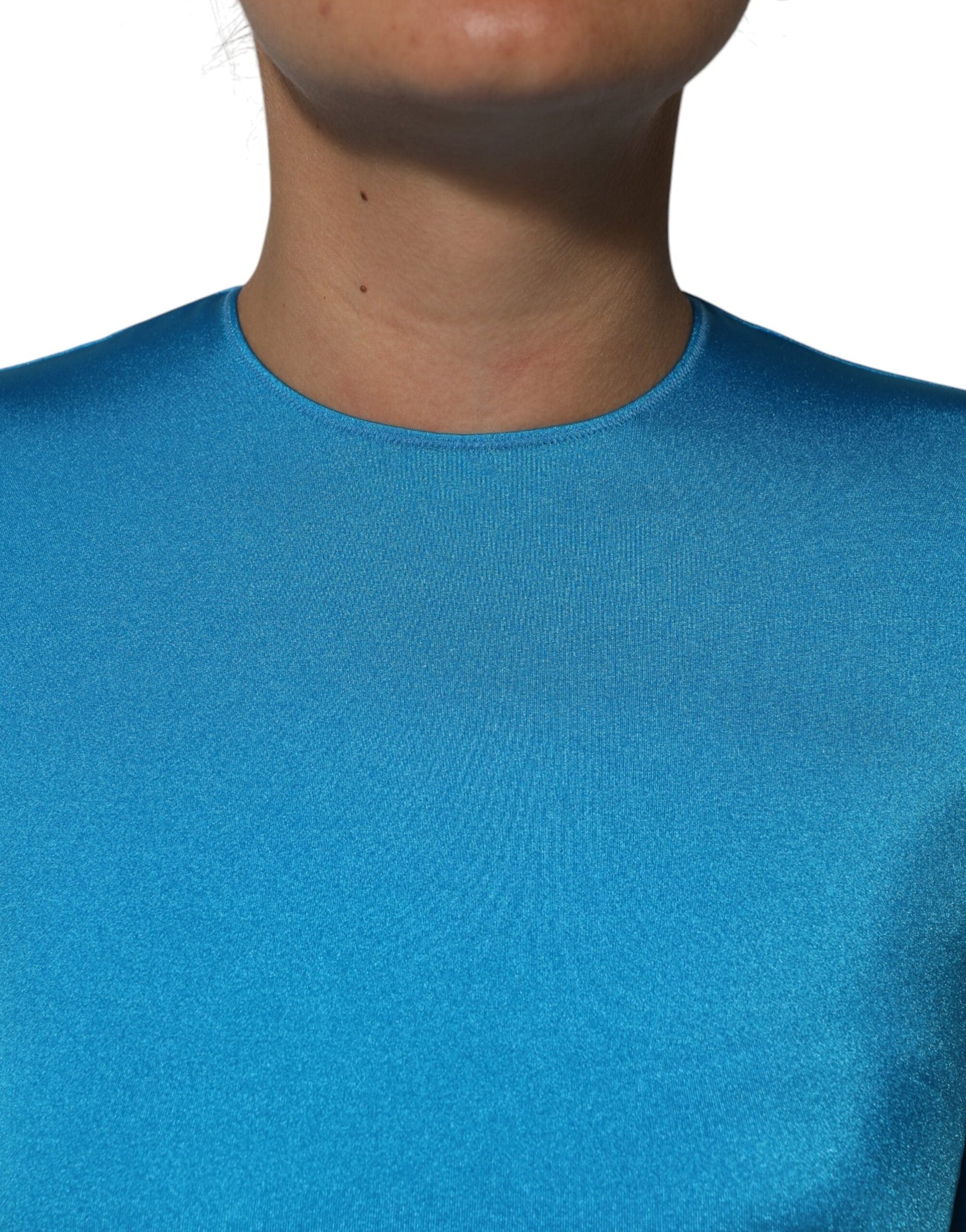 Blue Nylon Crew Neck Bodycon Jumpsuit Dress