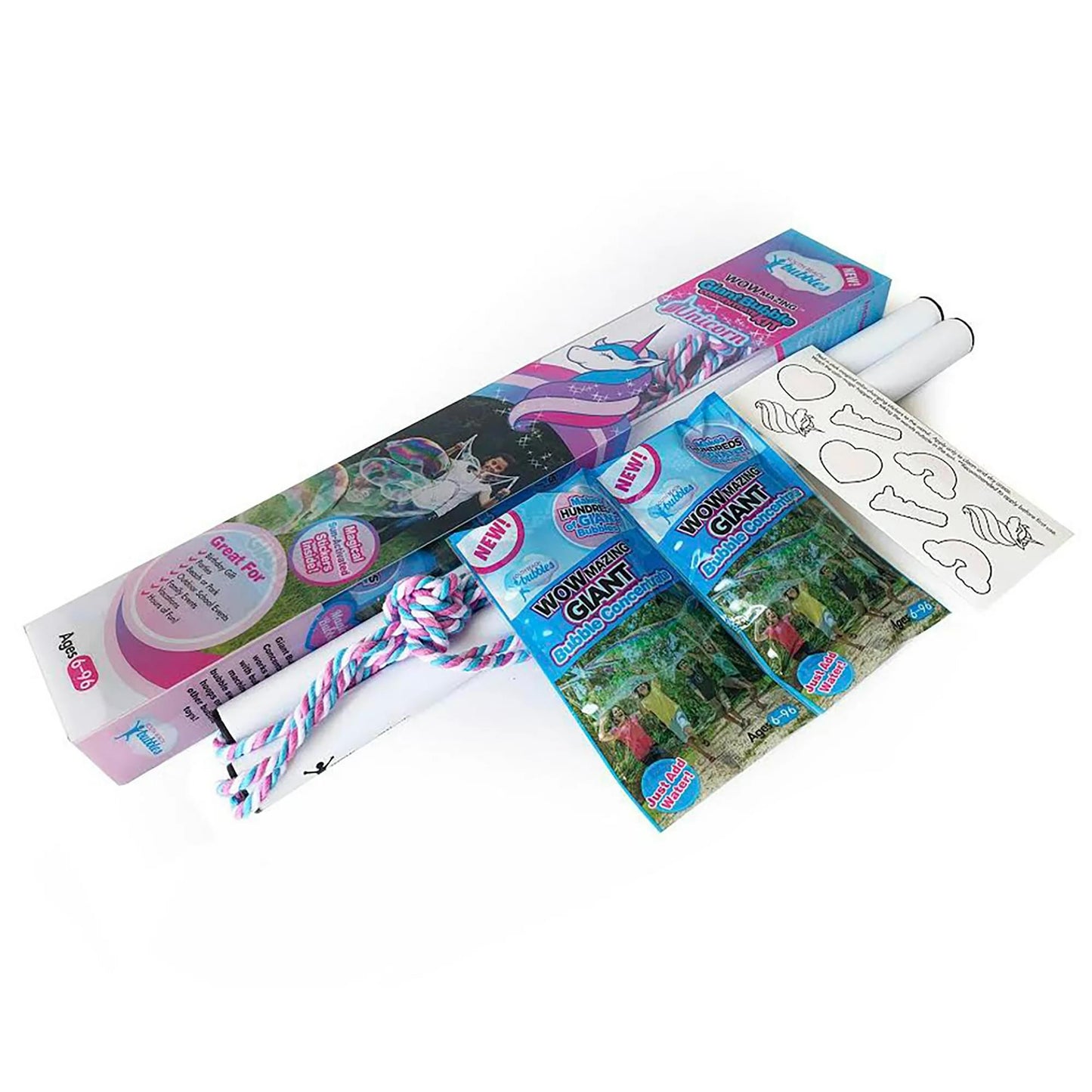 WOWmazing Unicorn Giant Bubble Kit | Wand + 2 Packets Bubble Concentrate + 8 Stickers