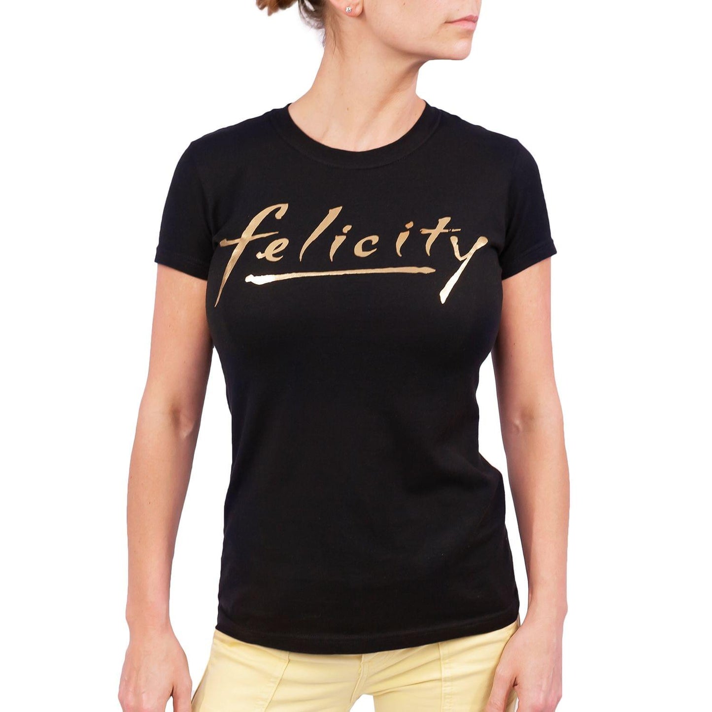Felicity Gold Logo Junior's Black Cotton T-Shirt - Small
