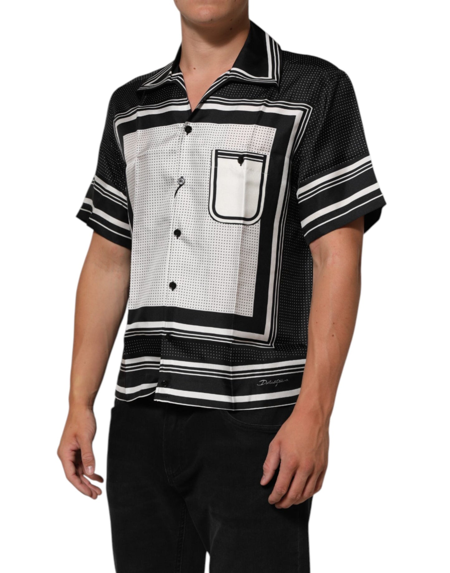 Black White StripeDot Print Casual Polo Shirt