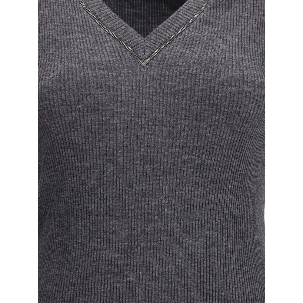 Long sleeve wool ribbed jersey T-shirt with shiny trim