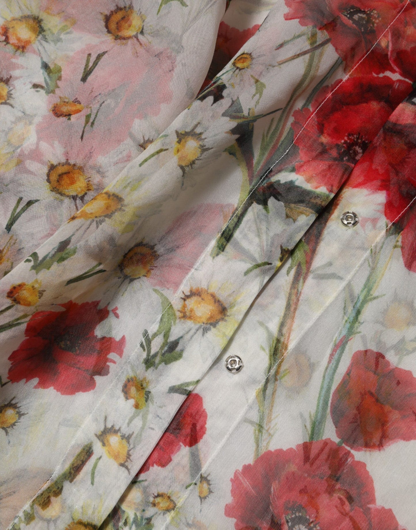 White Floral Tie-Neck Poppy Print Blouse Top