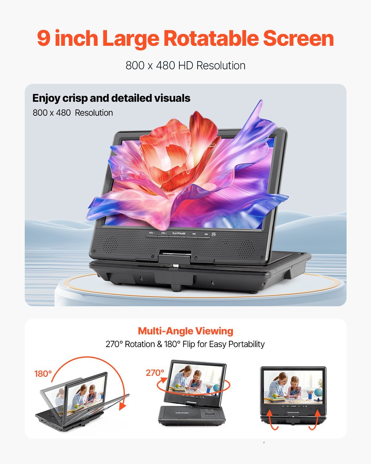 VEVOR Portable DVD Player 9 in HD Swivel Display Screen 4 Hours Built-in Battery
