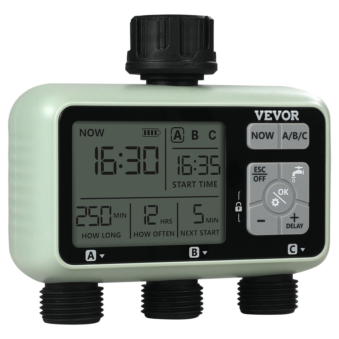 VEVOR Water Timer, 3 Outlets, Hose Watering Sprinkler Timer, with 3 Independent Watering Zone LCD Display Rain Delay Mode Manual Mode 360? Brass Inlet Metal Filter, IPX6 Waterproof for Yard Watering