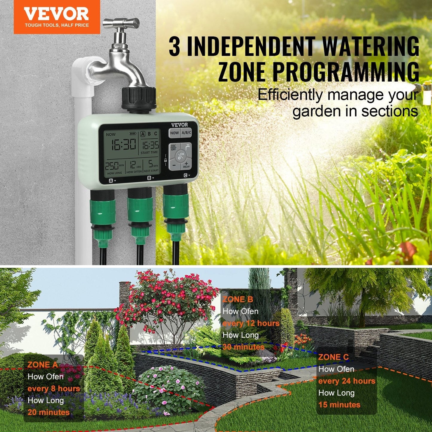 VEVOR Water Timer, 3 Outlets, Hose Watering Sprinkler Timer, with 3 Independent Watering Zone LCD Display Rain Delay Mode Manual Mode 360? Brass Inlet Metal Filter, IPX6 Waterproof for Yard Watering