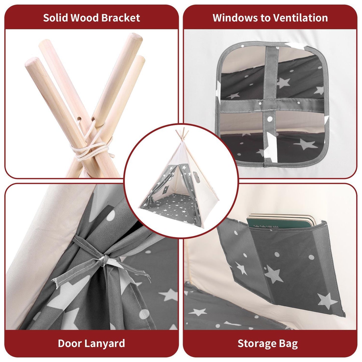 SOKA Grey Teepee Tent for Kids Foldable Cotton Canvas Indoor Outdoor Playhouse