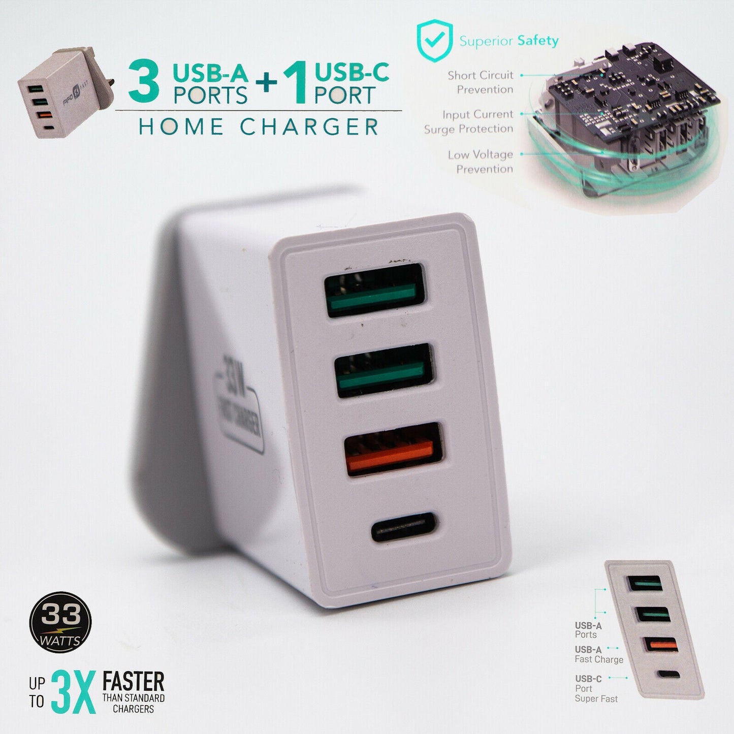 4 Multi-Port Fast PD Quick Charge QC 3.0 USB Type C Hub Wall Charger Adapter 33W
