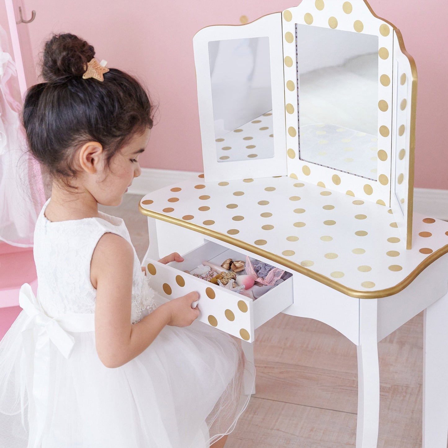 Fantasy Fields Wooden Play Vanity Set With Mirror & Lights White/Gold TD-11670ML