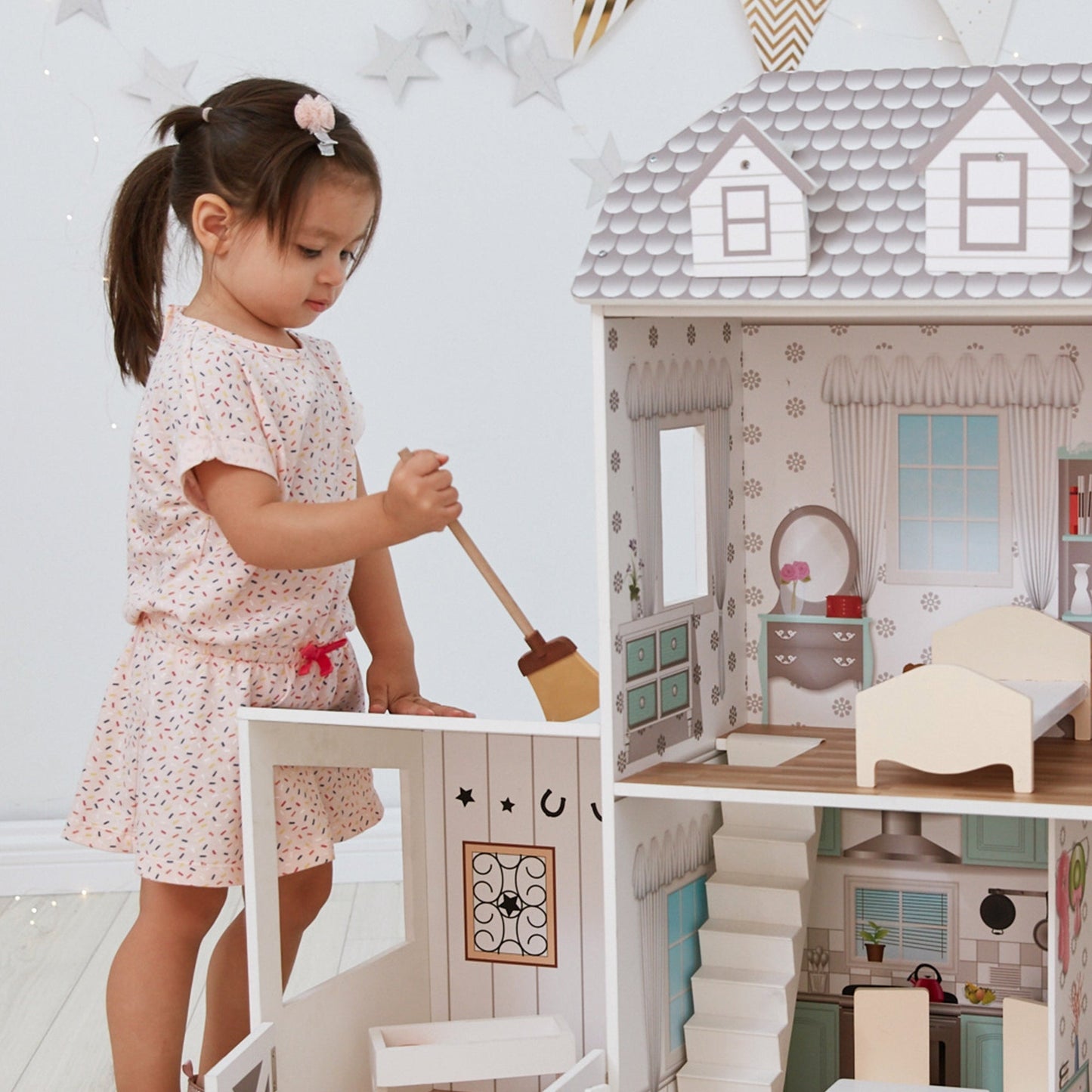 Olivia's Little World Large Kids Wooden Dolls House with Stable & 14 Accessories