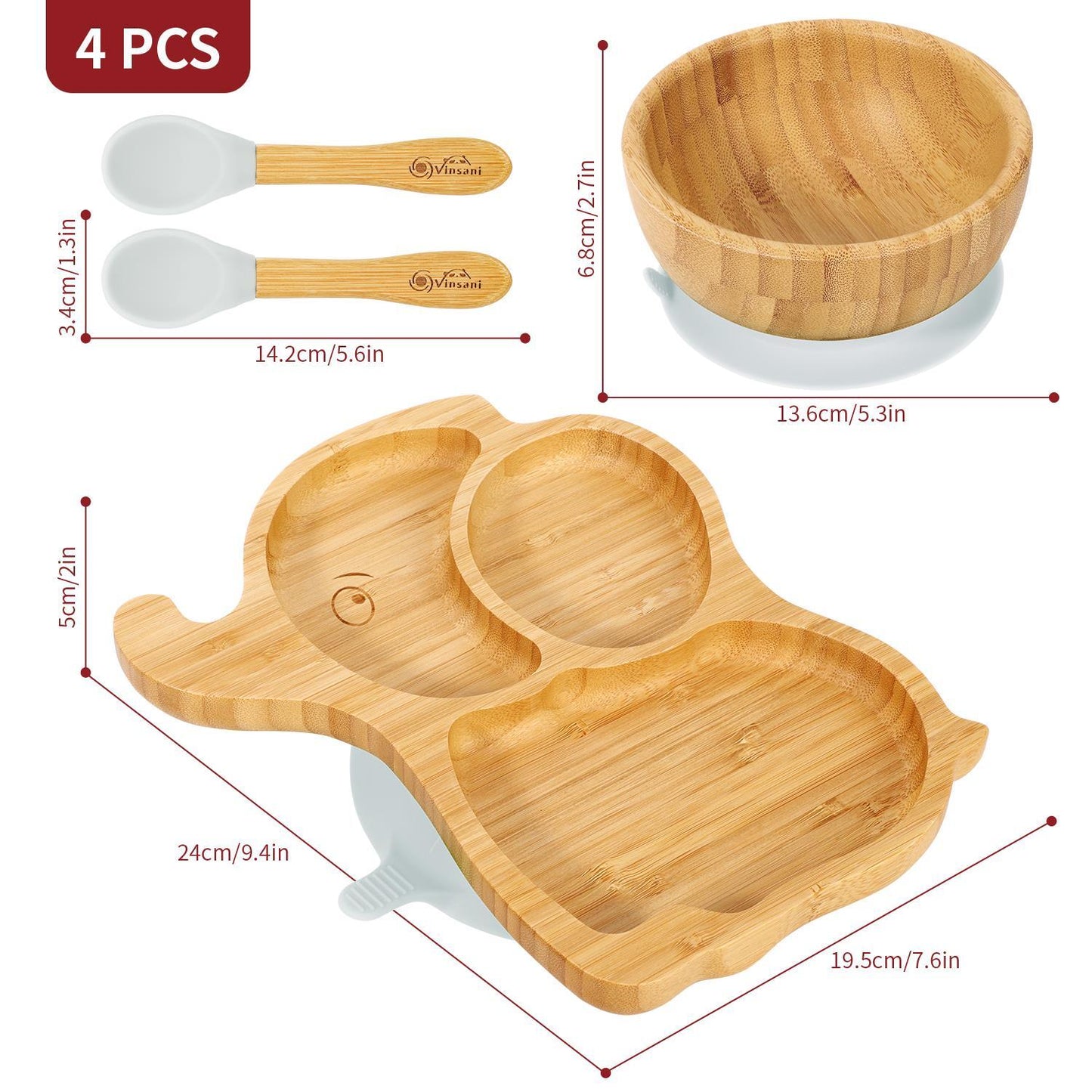 Bamboo Elephant Plate Bowl & Spoon Set Suction Stay-Put Design (Grey)