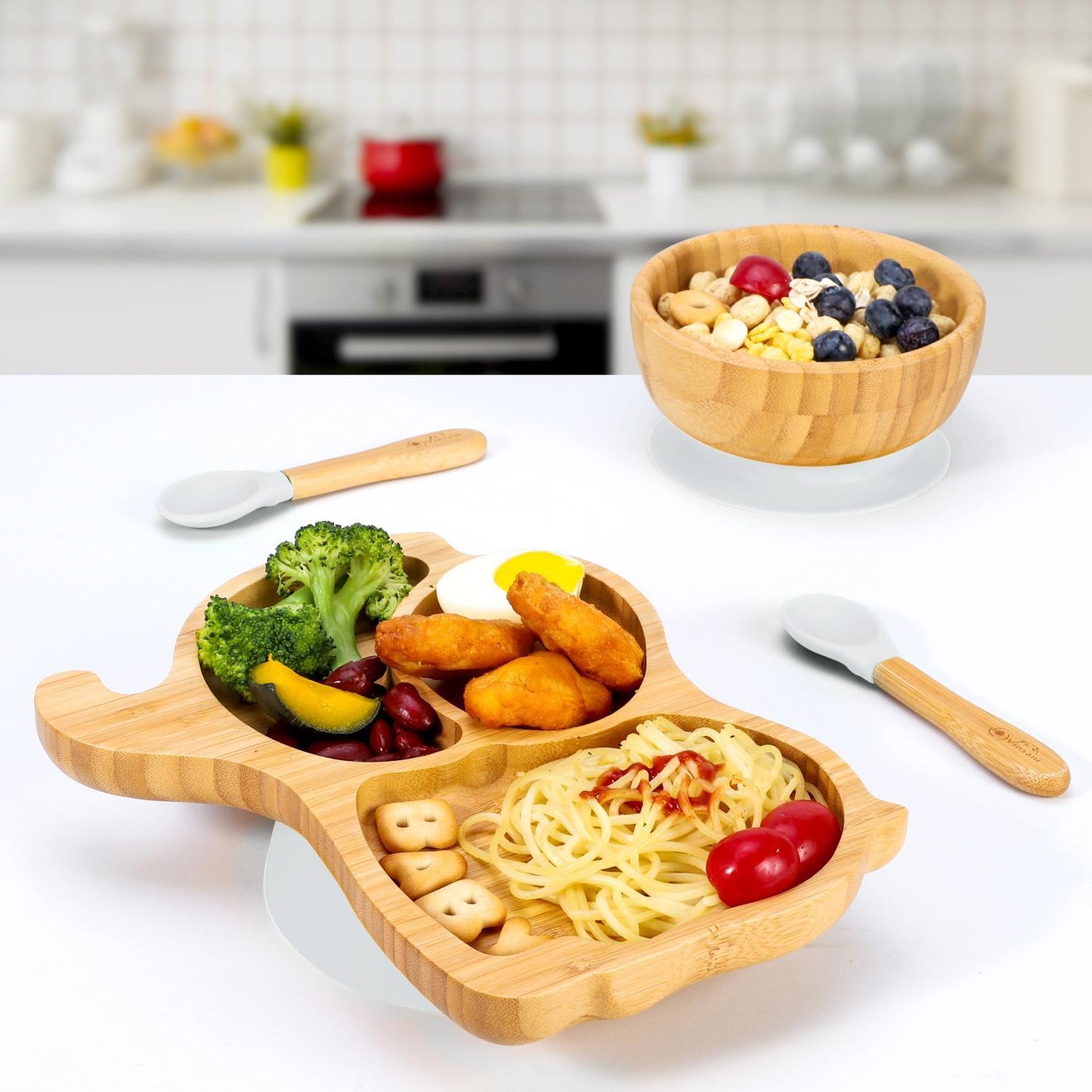 Bamboo Elephant Plate Bowl & Spoon Set Suction Stay-Put Design (Grey)