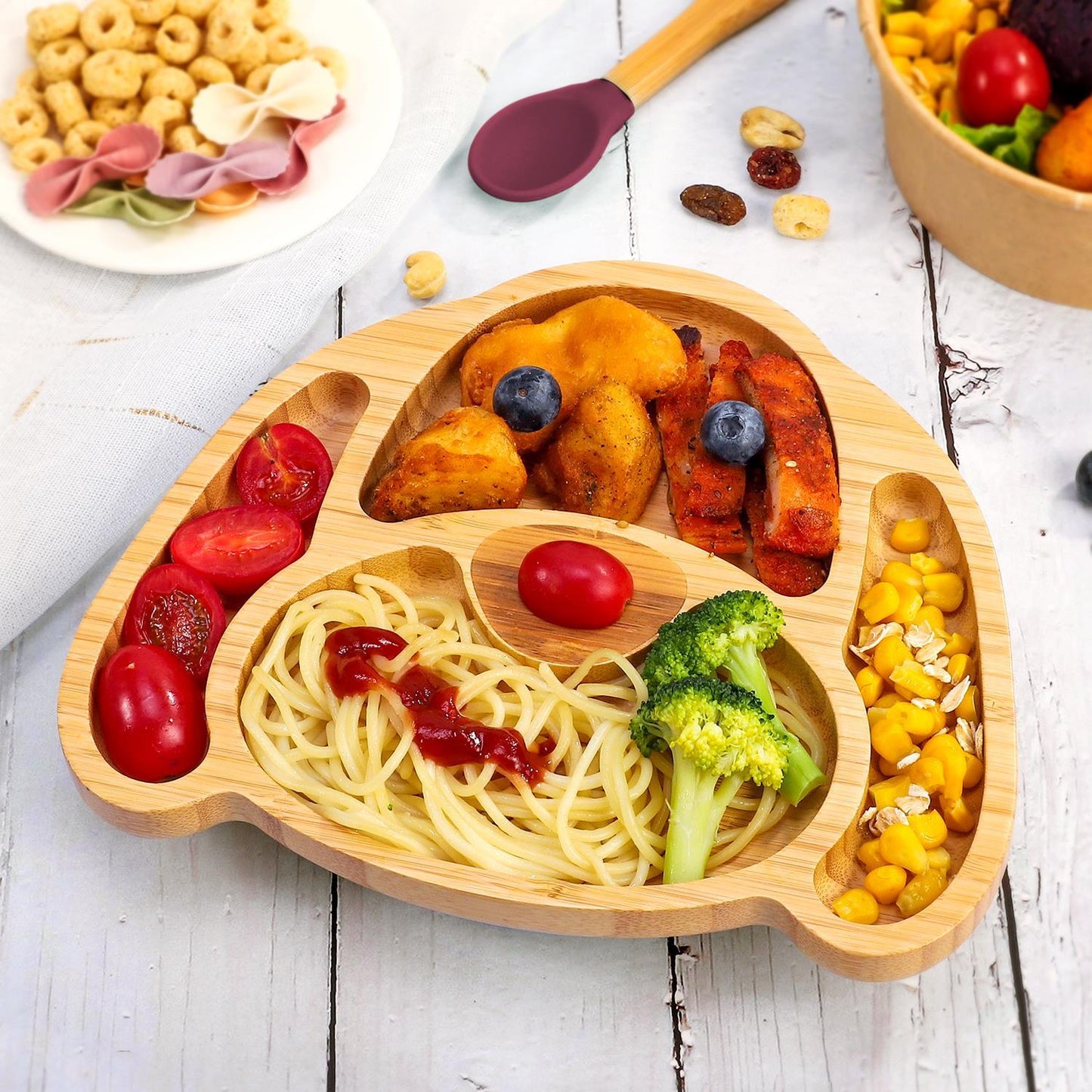 Bamboo Dog Plate Bowl & Spoon Set Suction Bowl Stay-Put Design - RED