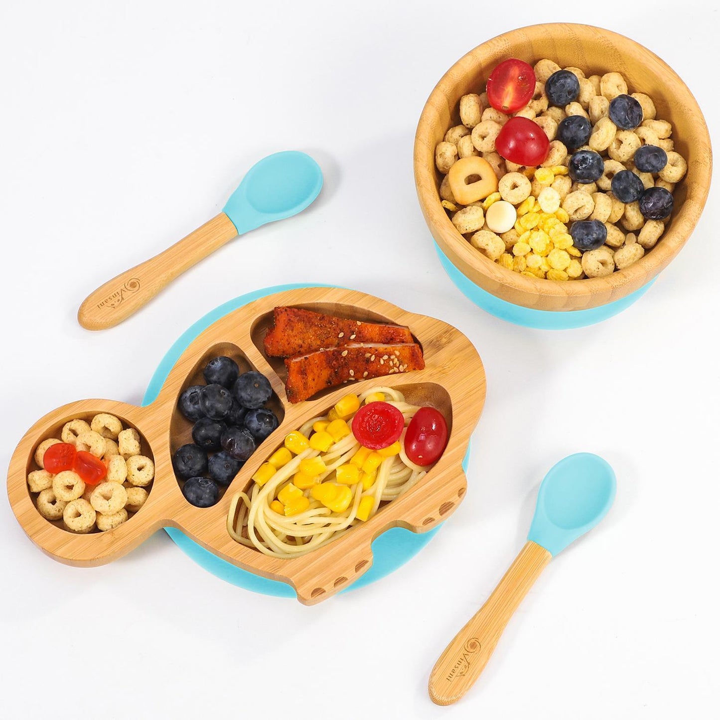 Bamboo Turtle Plate Bowl & Spoon Set Suction Bowl Stay-Put Design - BLUE