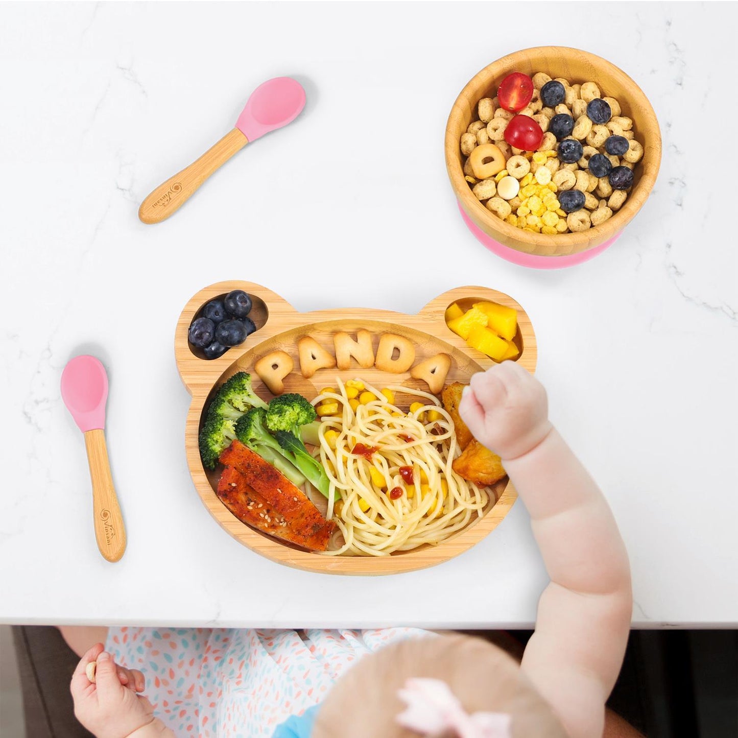 Bamboo Panda Plate Bowl & Spoon Set Suction Stay-Put Design (Pink)