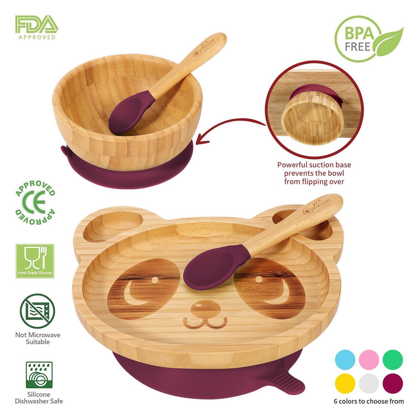 Bamboo Panda Plate Bowl & Spoon Set Suction Stay-Put Design (Red)