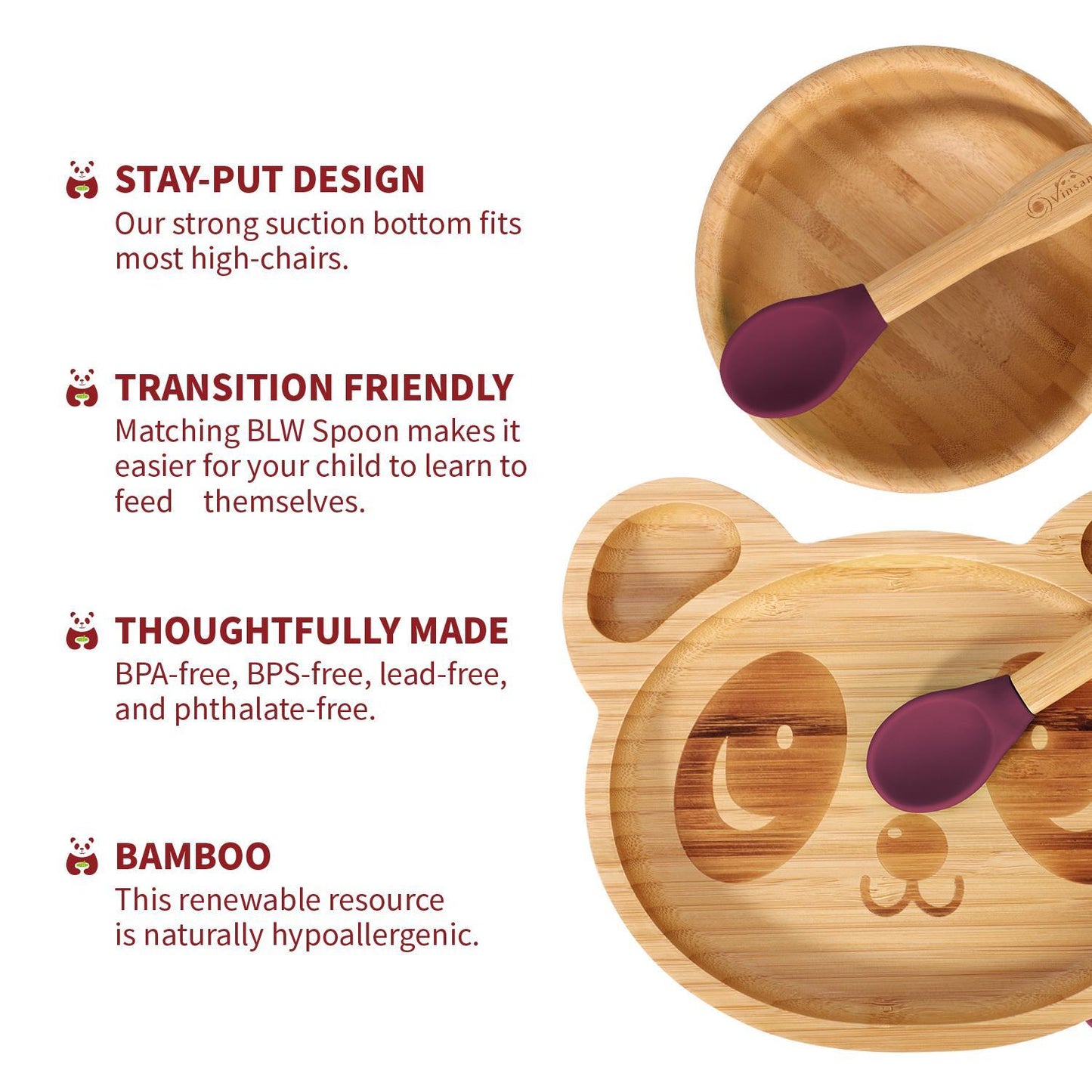 Bamboo Panda Plate Bowl & Spoon Set Suction Stay-Put Design (Red)