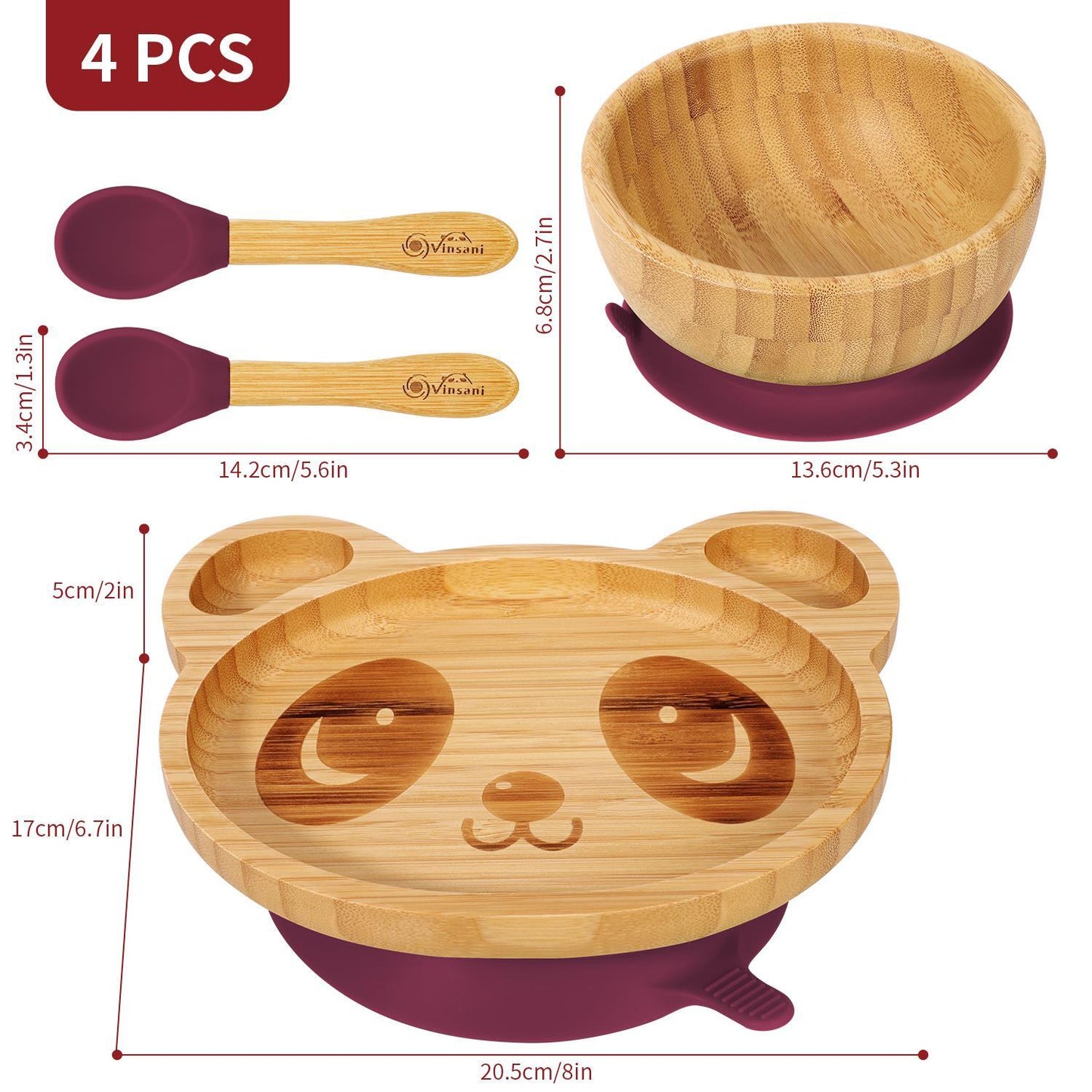 Bamboo Panda Plate Bowl & Spoon Set Suction Stay-Put Design (Red)