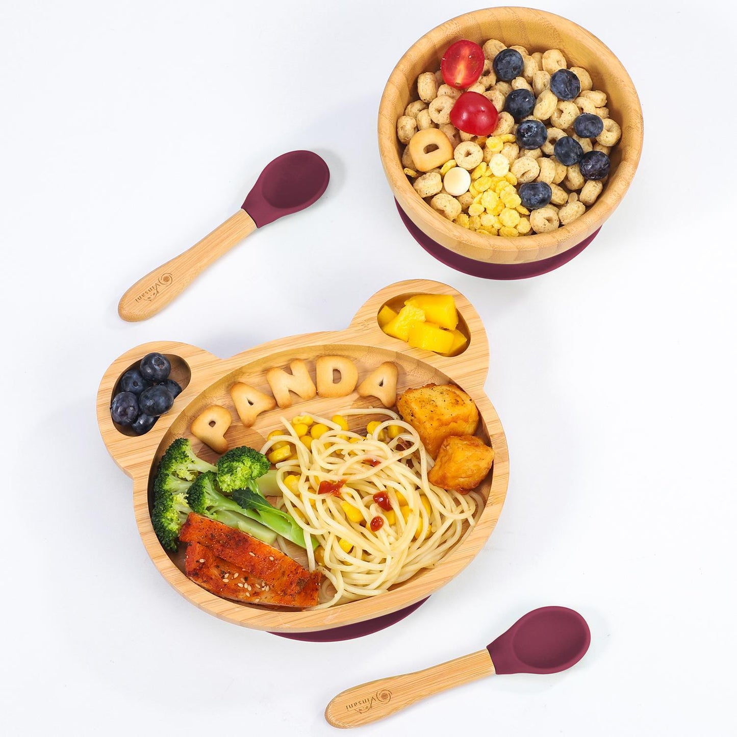 Bamboo Panda Plate Bowl & Spoon Set Suction Stay-Put Design (Red)