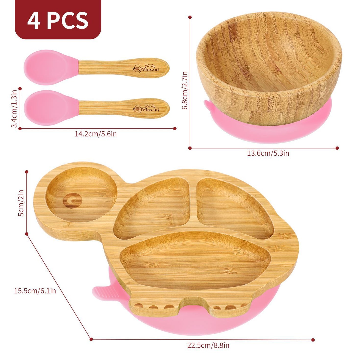 Bamboo Turtle Plate Bowl & Spoon Set Suction Stay-Put Design (Pink)