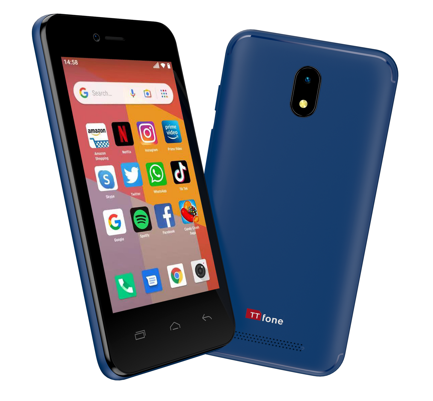 TT20 BLUE Smart 3G Mobile Phone Android GO - 8GB - Dual Sim - 4" Touch Screen Mains Charger & Vodafone Sim Card