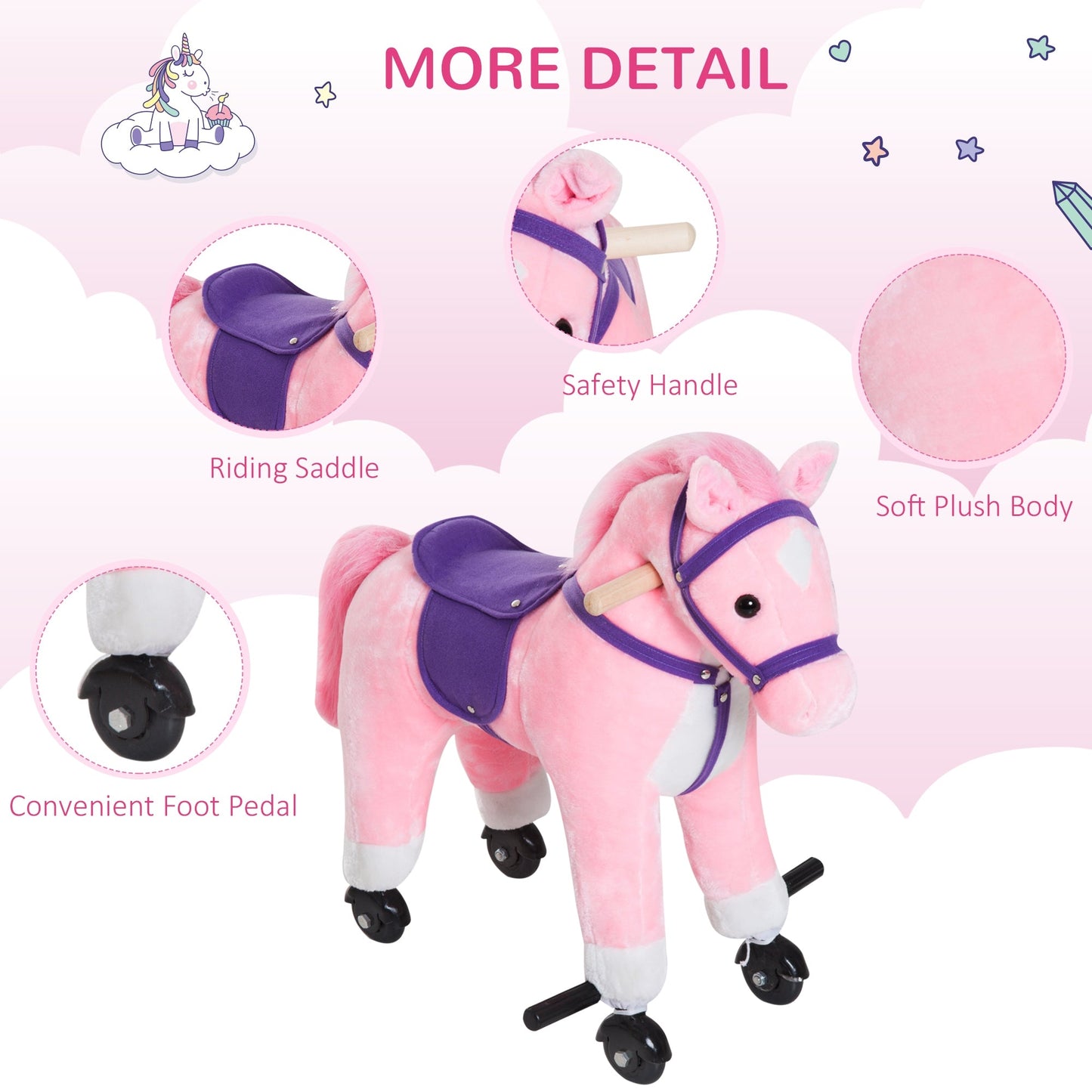 Wheeled Rocking Horse Ride on Rocker Children Riding Toy Plush Sound HOMCOM