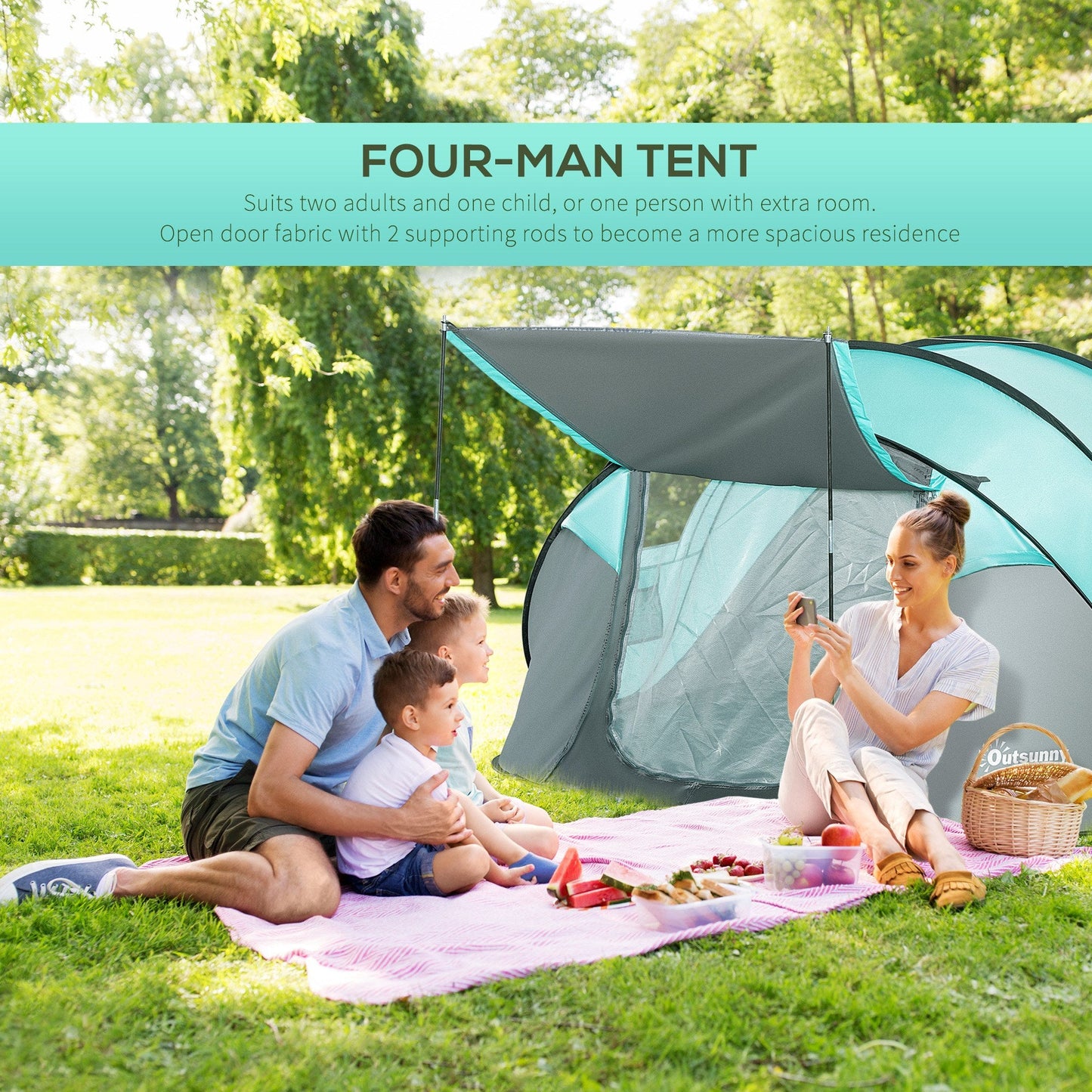 4 Person Camping Tent Pop-up Design Mesh Vents for Hiking Dark Blue Outsunny