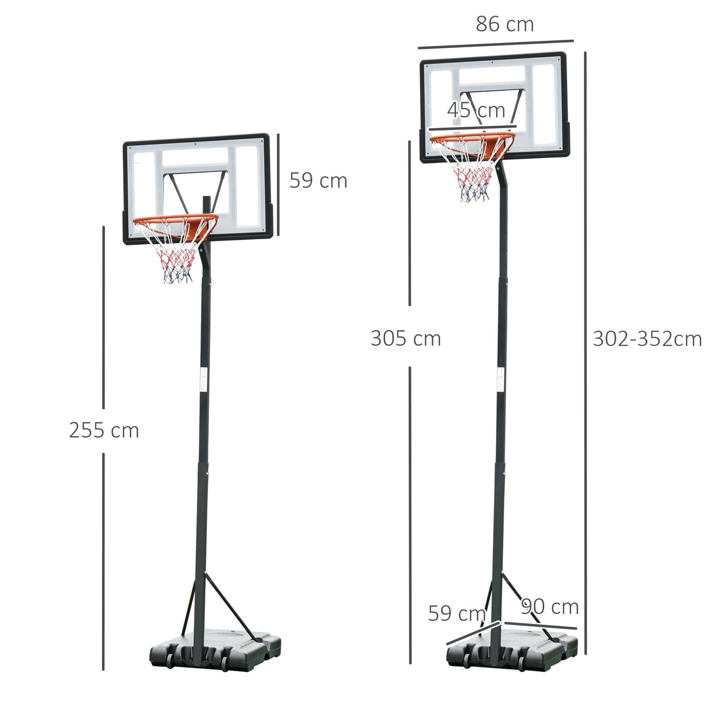 Basketball Hoop Freestanding 255-305cm Height Adjustable Stand Wheels HOMCOM