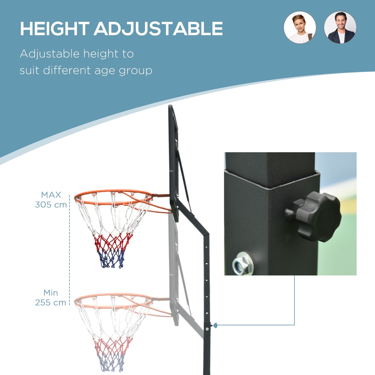 Basketball Hoop Freestanding 255-305cm Height Adjustable Stand Wheels HOMCOM