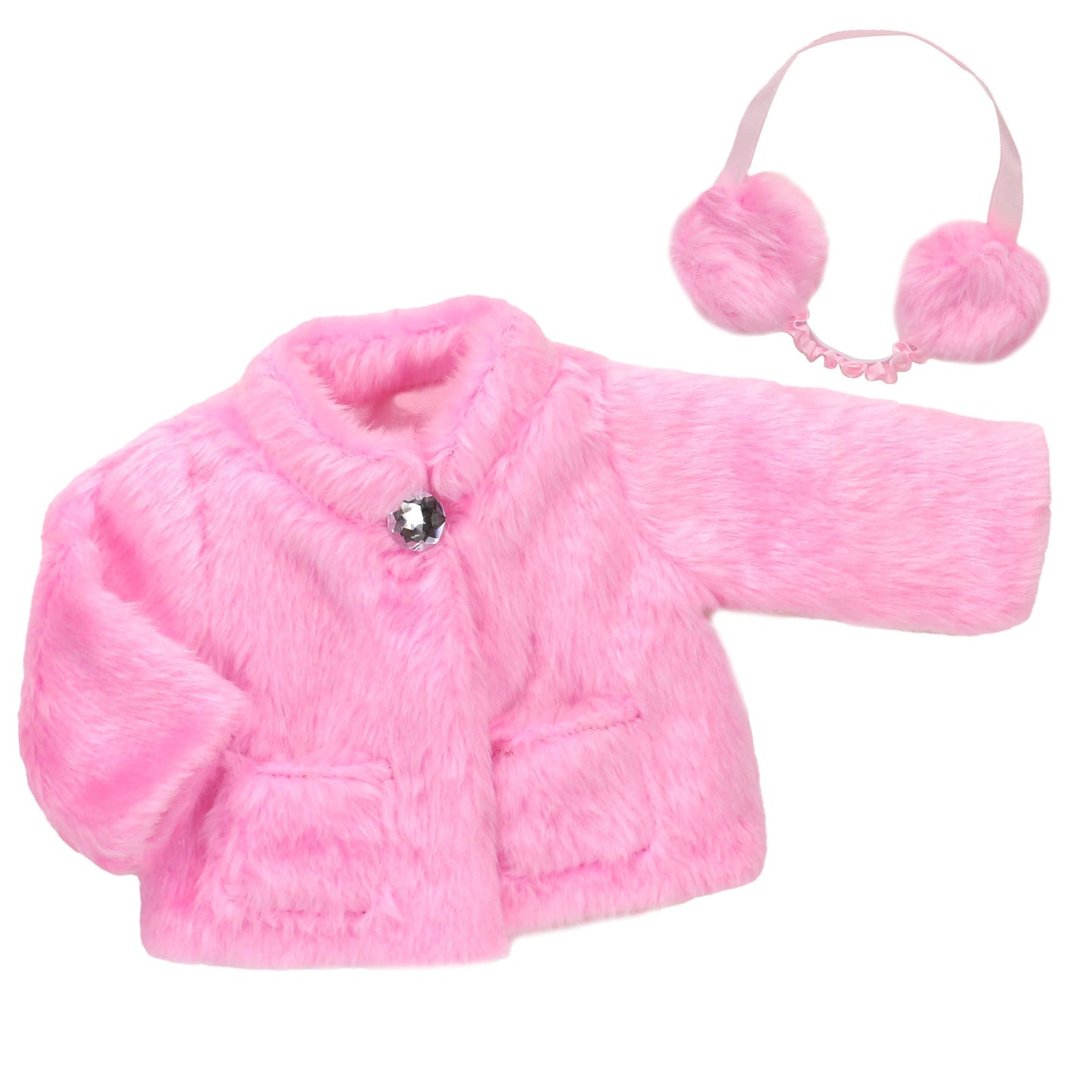 2 Piece Baby Doll Pink Fur Coat and Earmuffs Outfit, 18 Inch Doll Clothes Set