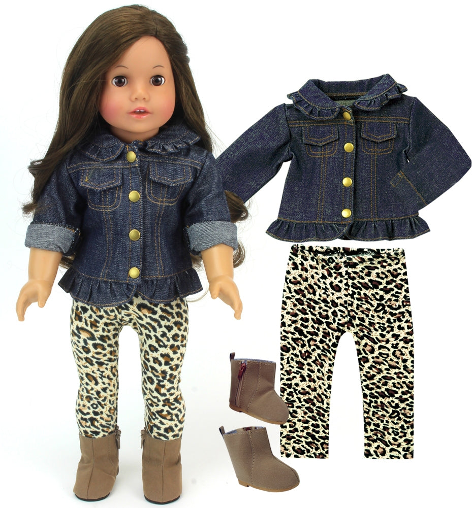 3 Piece Baby Dolls Clothes Set, 18" Doll Denim Jacket & Leggings Outfit & Boots