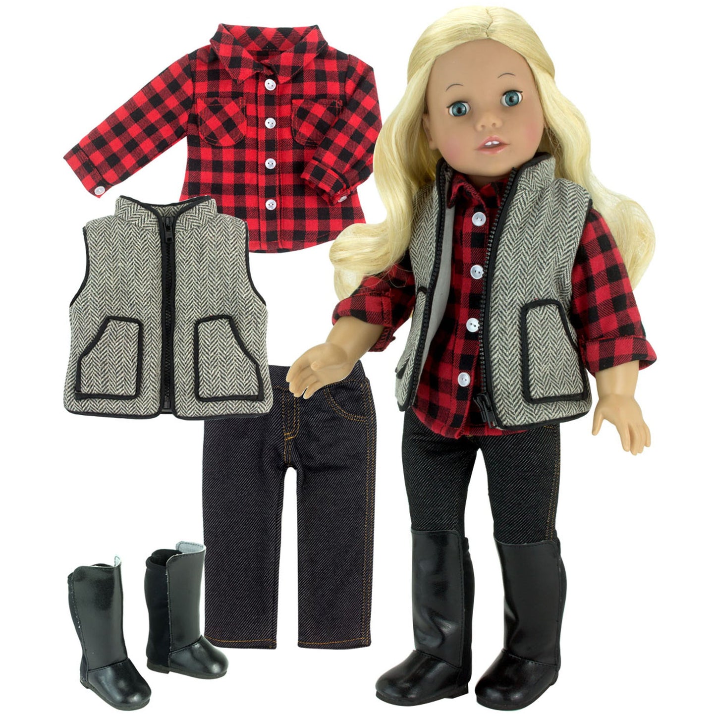 4 Pcs Baby Dolls Clothes Set, 18" Doll Red Cowgirl Checked Shirt