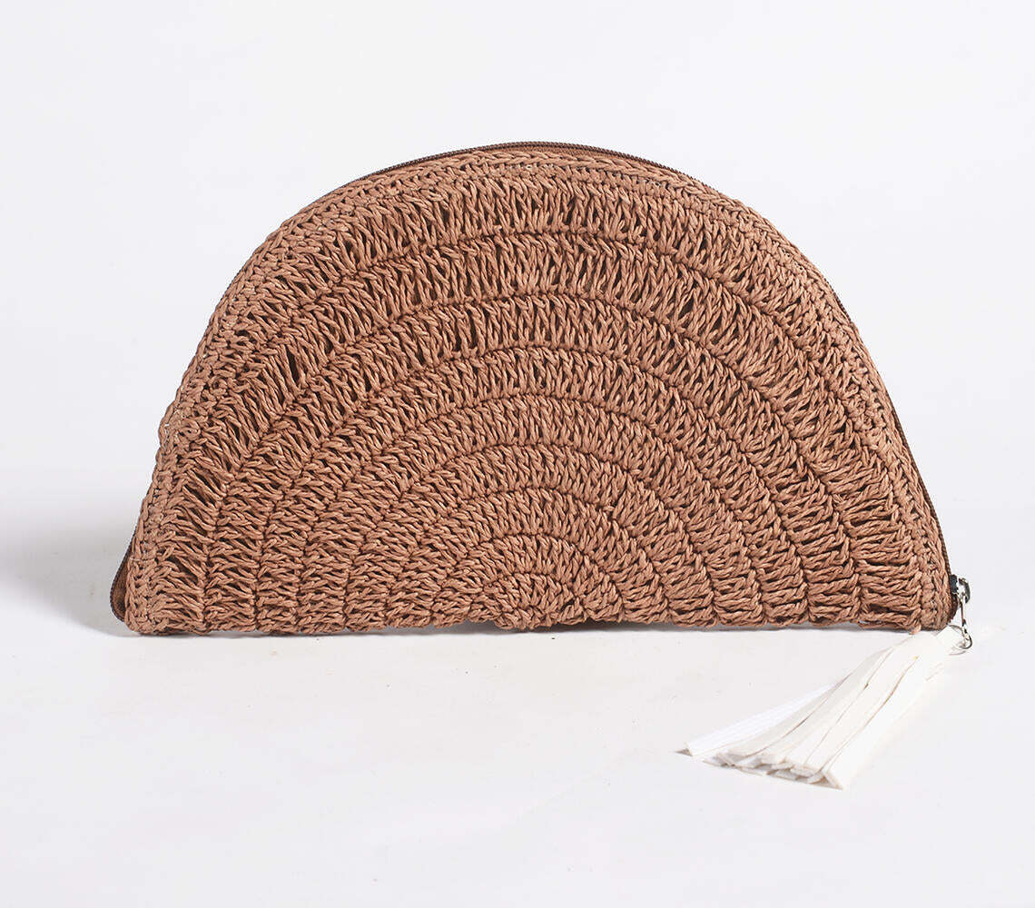 Woven Paper Raffia Half Moon Clutch