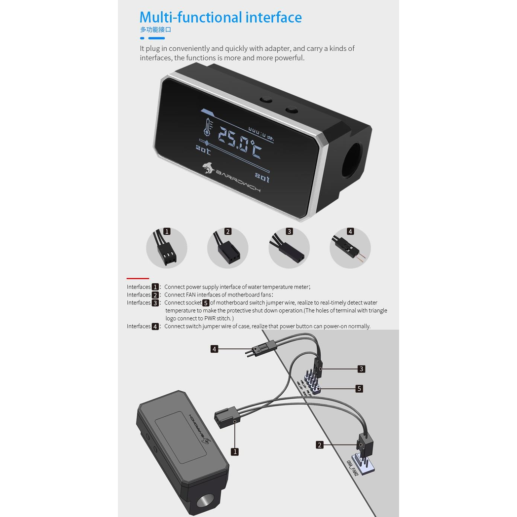 BarrowCH G1/4 Multimode OLED Display Heat Sensor Alarm with Shutdown - Black