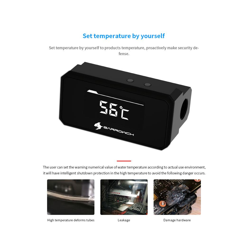 BarrowCH G1/4 Multimode OLED Display Heat Sensor Alarm with Shutdown - Black