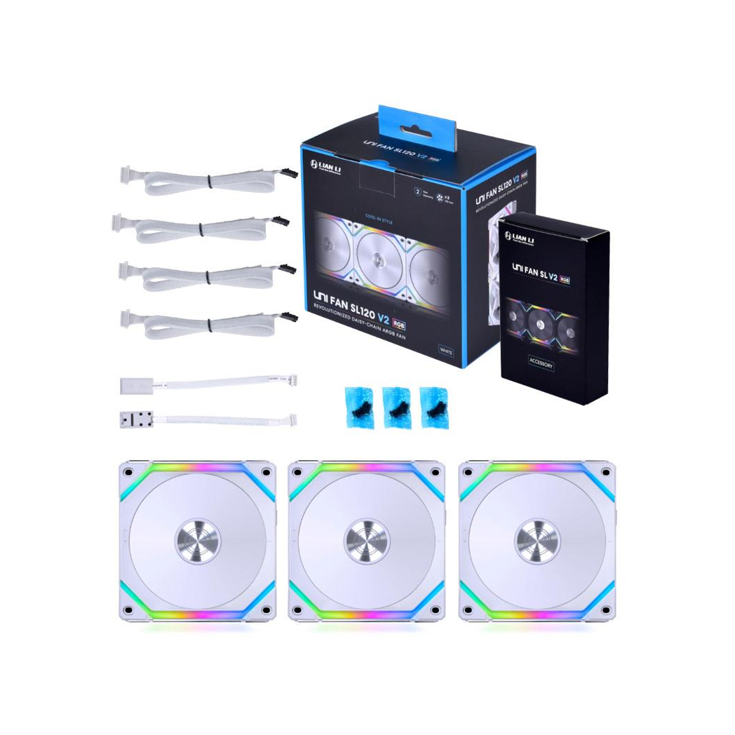Lian Li UNI FAN SL120 V2 RGB PWM Fan, Triple-pack w/ Controller - 120mm, white