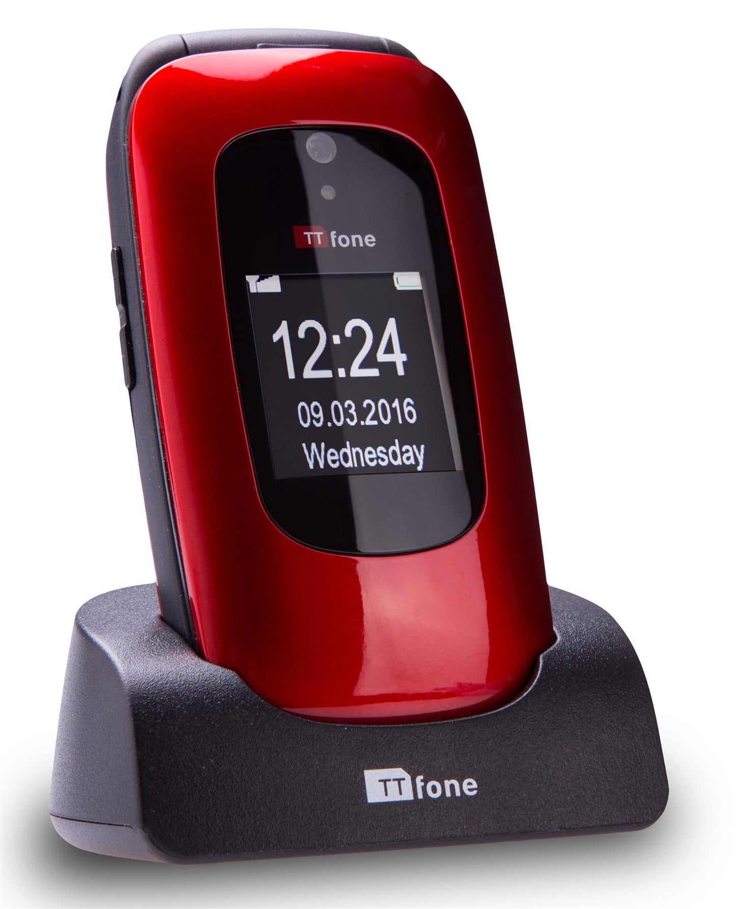 TTfone TT750 Lunar RED Flip Folding Dual Screen Big Button Mobile Phone with Dock Charger and Vodafone Sim Card