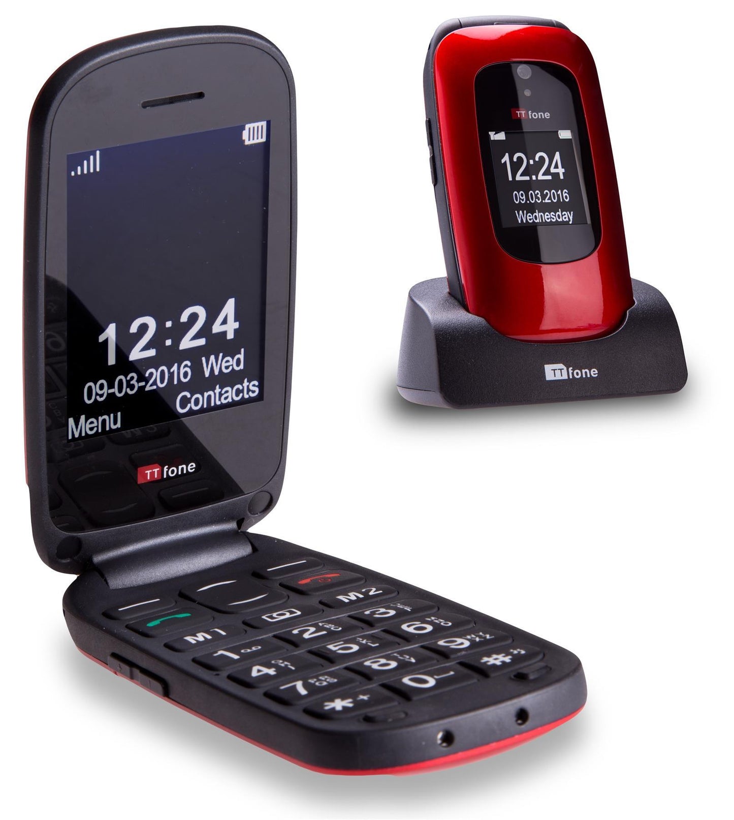 TTfone TT750 Lunar RED Flip Folding Dual Screen Big Button Mobile Phone with Dock Charger and Vodafone Sim Card