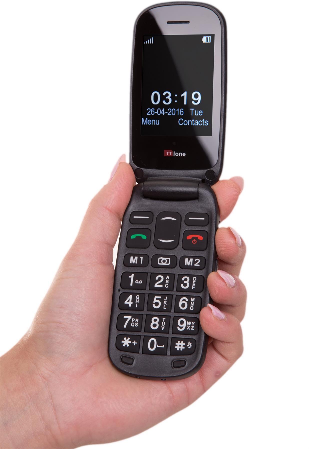 TTfone TT750 Lunar BLACK Flip Folding Dual Screen Big Button Mobile Phone with Dock Charger and Vodafone Sim Card
