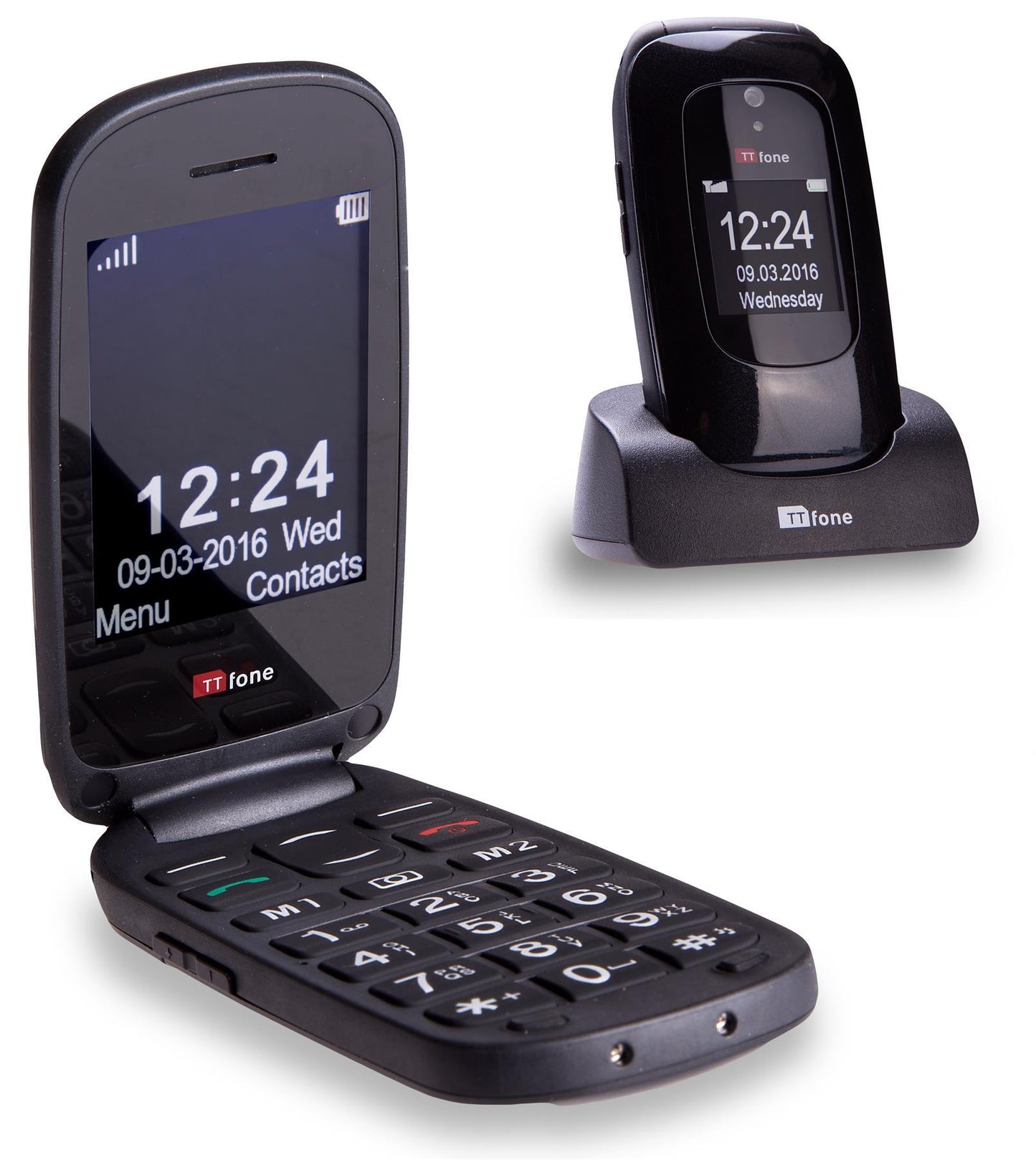 TTfone TT750 Lunar BLACK Flip Folding Dual Screen Big Button Mobile Phone with Dock Charger and Vodafone Sim Card