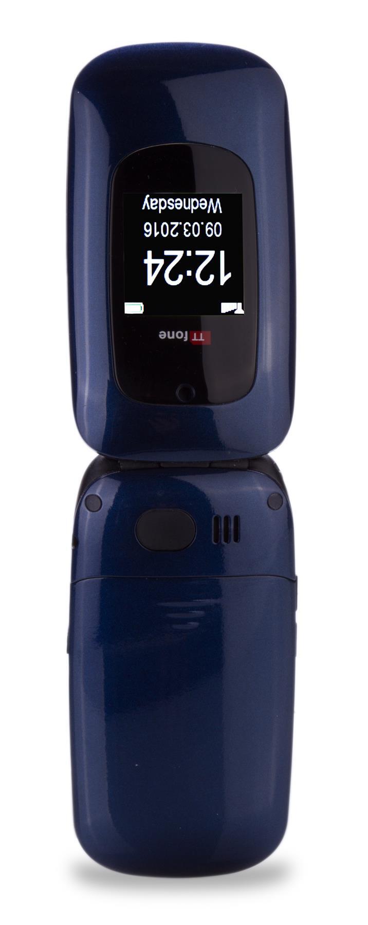 TTfone TT750 Lunar BLUE Flip Folding Dual Screen Big Button Mobile Phone with Dock Charger and Vodafone Sim Card