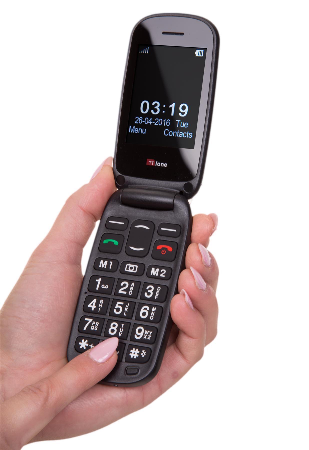 TTfone TT750 Lunar BLUE Flip Folding Dual Screen Big Button Mobile Phone with Dock Charger and Vodafone Sim Card
