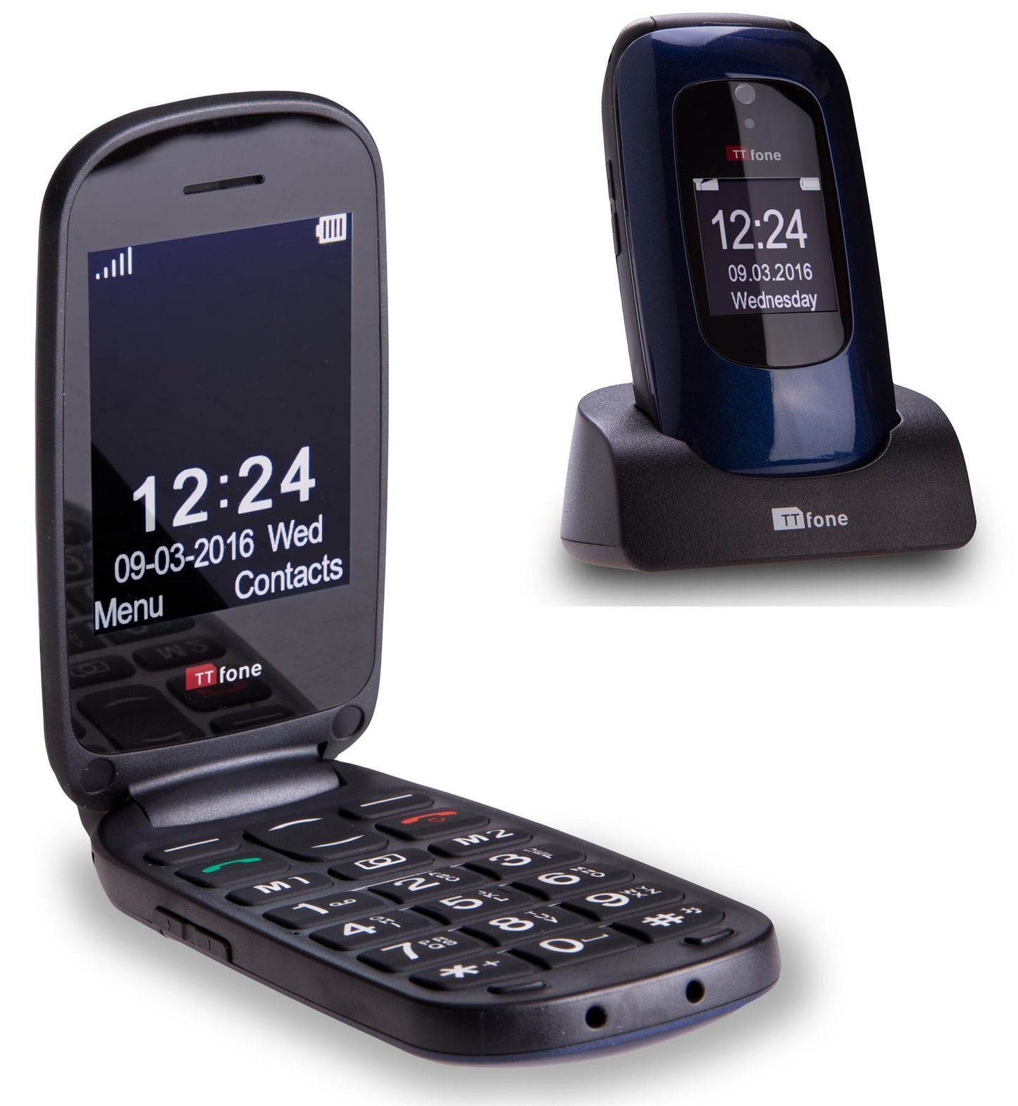 TTfone TT750 Lunar BLUE Flip Folding Dual Screen Big Button Mobile Phone with Dock Charger and Vodafone Sim Card