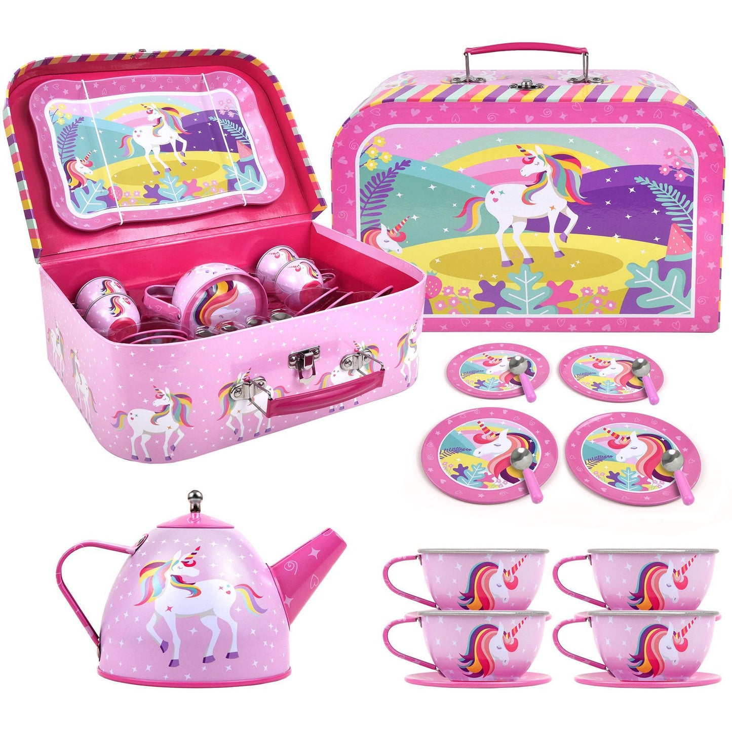 SOKA Unicorn 18 Pcs Metal Tea Set & Carry Case Toy for Kids Children Role Play